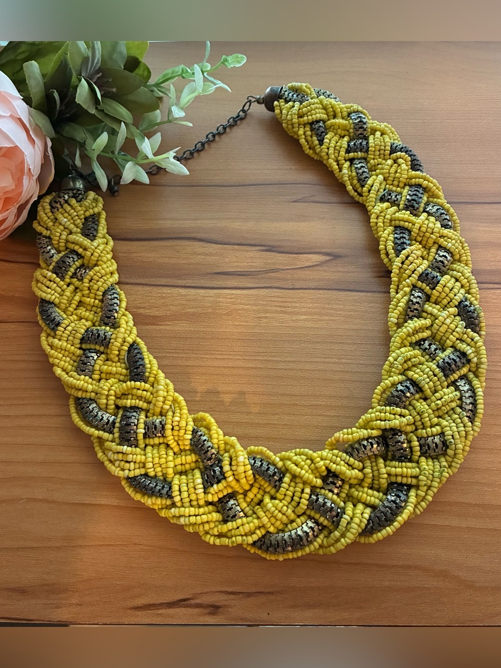 Beaded Braided Statement Necklace - Yellow